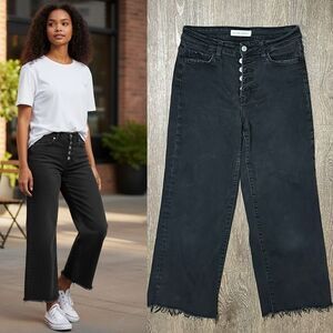 Flying Monkey Midrise  Crop Wide Leg Raw Hem Exposed Button Fly Washed Black 27